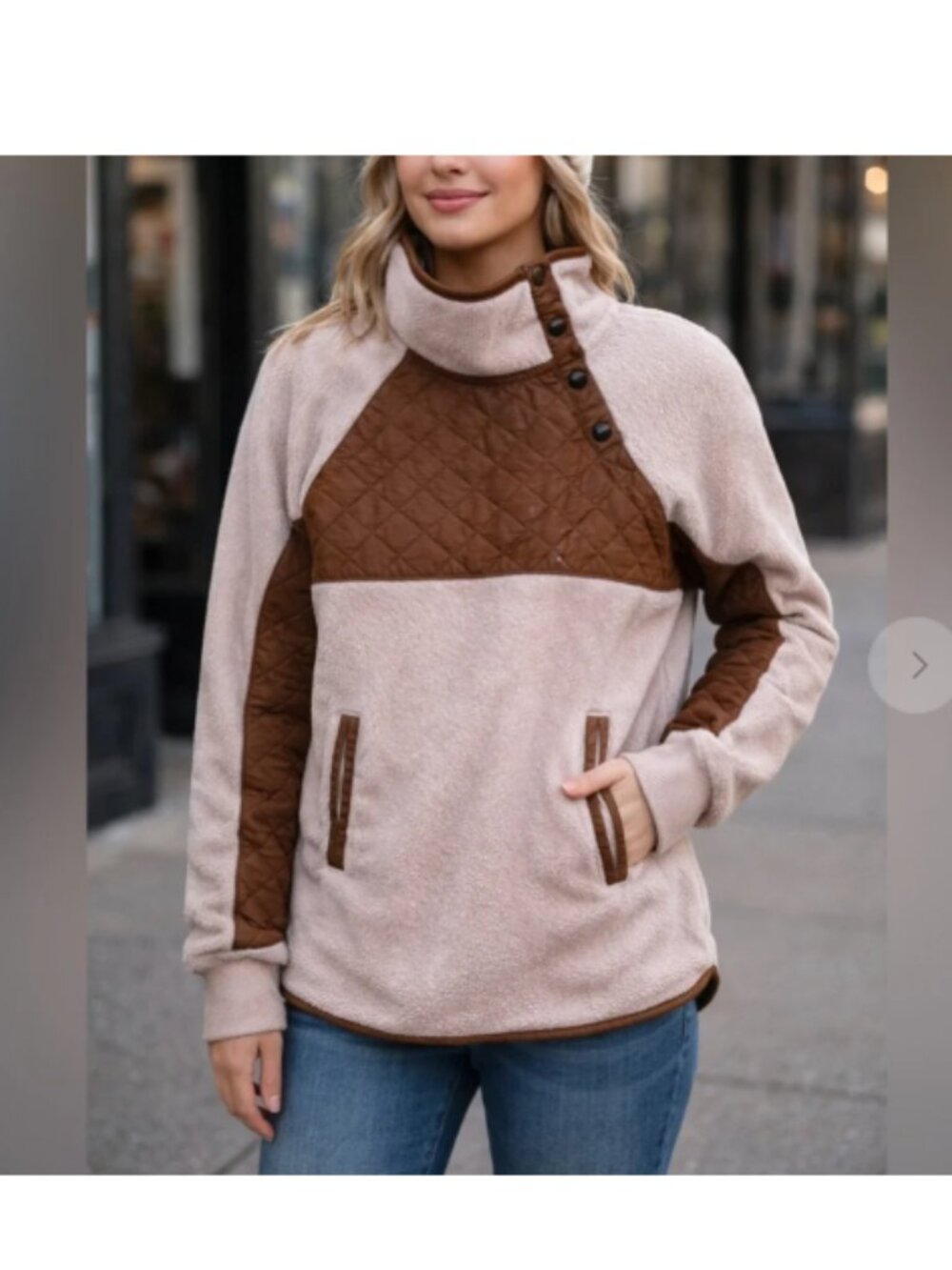 Abercrombie & Fitch Cream Fleece Pullover with Brown Quilted Panel Sweater Large